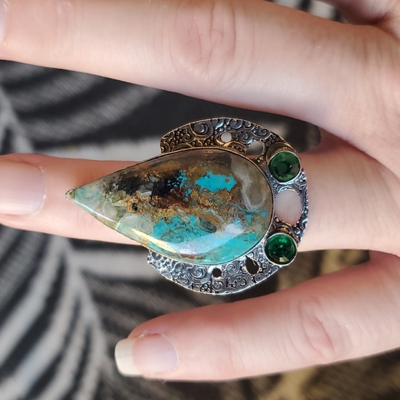 New Oversized Chrysocolla & Diopside 925 Silver Statement Ring. - Picture 10 of 14